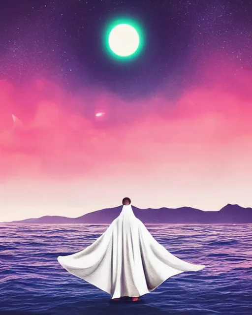 Image similar to a person wearing a white cloak that's blowing in the wind. they are standing in the water. a large planet with rings is visible in the sky. an album cover by stanley twardowicz, trending on cg society, retrofuturism, retrowave, chillwave, synthwave