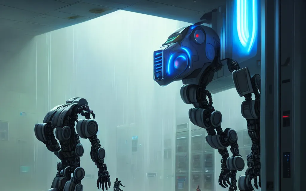 Image similar to portrait chappie robot in a data center, data center, data, concept art, high detail, 4 k, by jordan grimmer, art greg rutkowski, ivan aivazovsky, ruan jia, reza afshar, marc simonetti