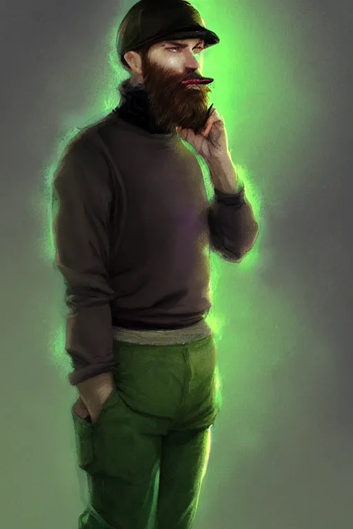 Prompt: a young man with a chin - style short brown beard in black cap, light green turtleneck, purple pants and in a white sneakers, decorated, high fantasy, sharp focus, intricate, elegant, digital painting, artstation, matte, highly detailed, concept art, illustration, ambient lighting, art by bastien deharme