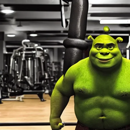 Prompt: shrek goes to the gym to get ripped