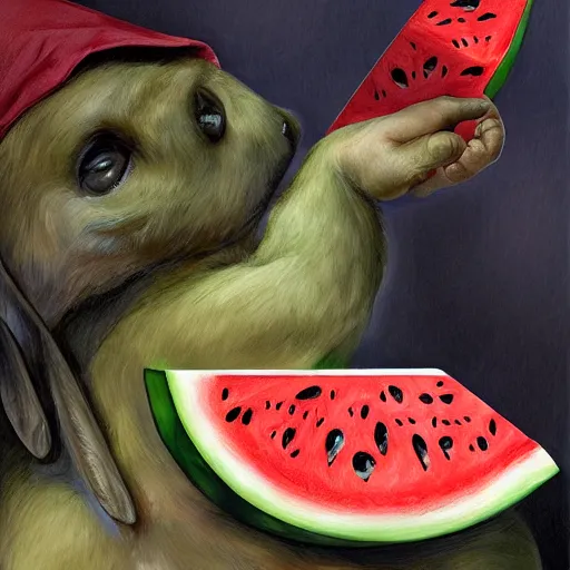 Image similar to realistic bat is eating a triangle slice of watermelon in the museum, highly detailed, sharp focus, digital painting, artwork by Victor Adame Minguez + Yuumei + Tom Lovell + Sandro Botticelli