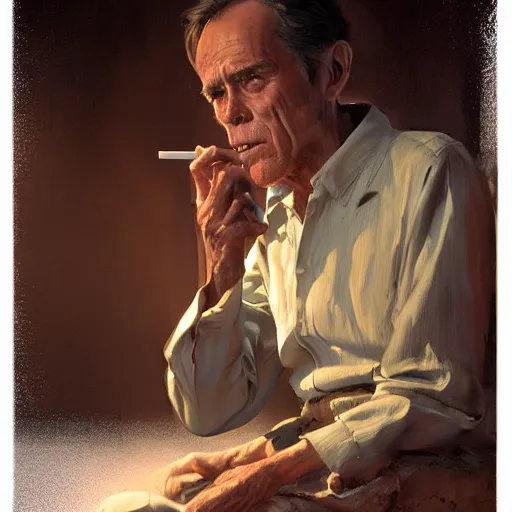 Image similar to a highly detailed epic cinematic concept art CG render digital painting artwork costume design: Henry Fonda as a 1950s tired disillusioned poet, barefoot, smoking a cigarette. volumetric lighting. By Greg Rutkowski, in the style of Francis Bacon and Syd Mead and Norman Rockwell and Beksinski, open ceiling, highly detailed, painted by Francis Bacon and Edward Hopper, painted by James Gilleard, surrealism, airbrush, Ilya Kuvshinov, WLOP, Stanley Artgerm, very coherent, triadic color scheme, realistic facial expression, art by Takato Yamamoto and James Jean