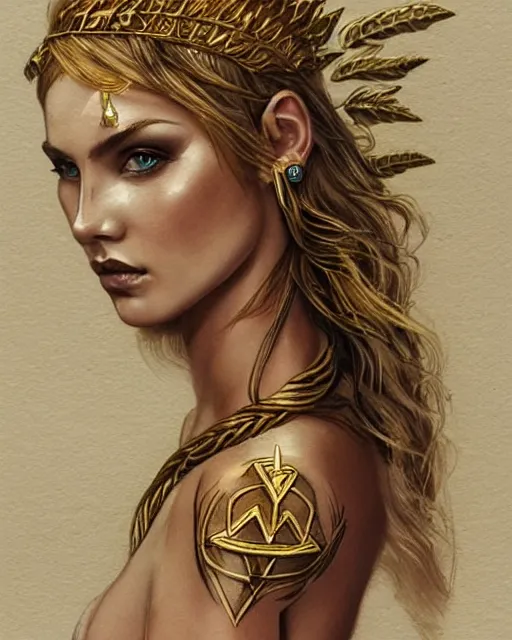 Prompt: tattoo sketch of hot blonde super model as aphrodite greek goddess wearing a gold laurel wreath and triangle earrings, beautiful piercing gaze with sharp pupils, in the style of greg rutkowski, fantasy, amazing detail, epic, elegant, smooth, sharp focus, front view