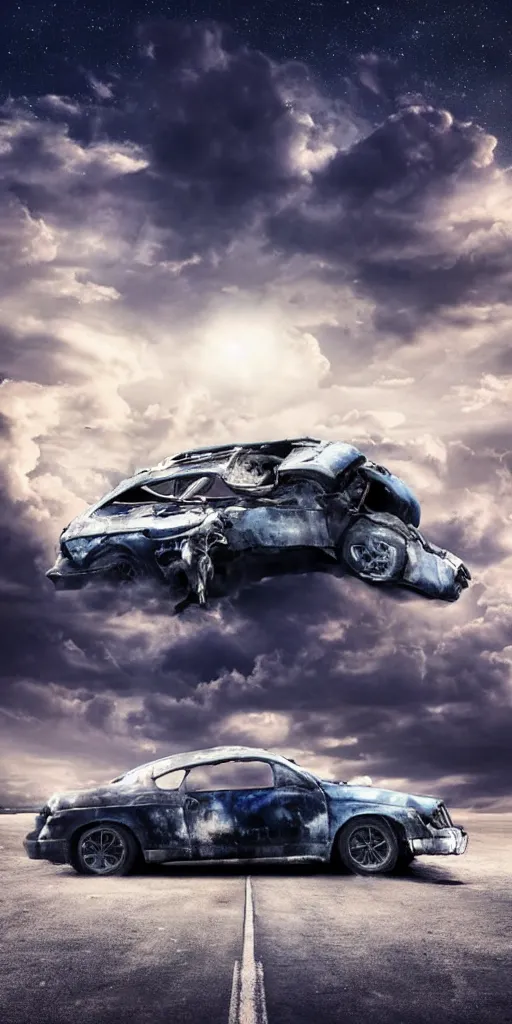 Image similar to a crushed car in the middle of a fifa stadium with lot of camera flashes in the distance night dramatic airbrushed clouds over black background, airbrush fantasy 80s, realistic detailed masterpiece