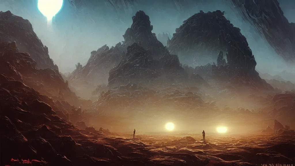 Prompt: eerie atmospheric alien planet heavily eroded by les edwards and vincent di fate and anato finnstark, epic cinematic matte painting