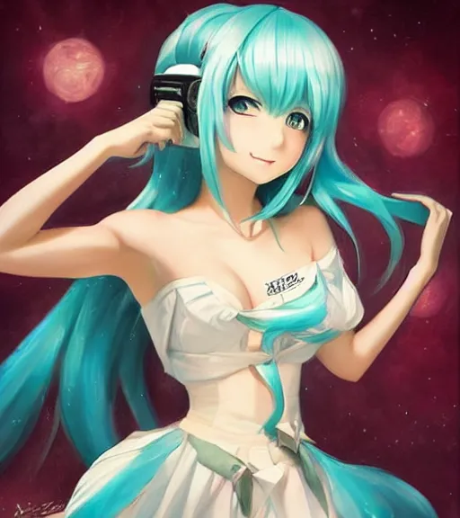 Prompt: Anime art very beautiful Hatsune miku by rossdraws, Gil Elvgren, Vladimir Volegov, Earl Moran, Enoch Bolles, symmetrical shoulders