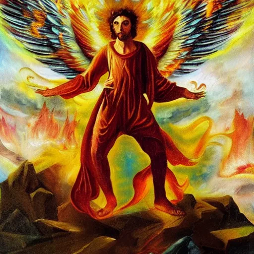 Prompt: abstract action oil painting of divine angelic man with white ancient Canaanite robes holding a flaming sword, paradise in the background, energetic