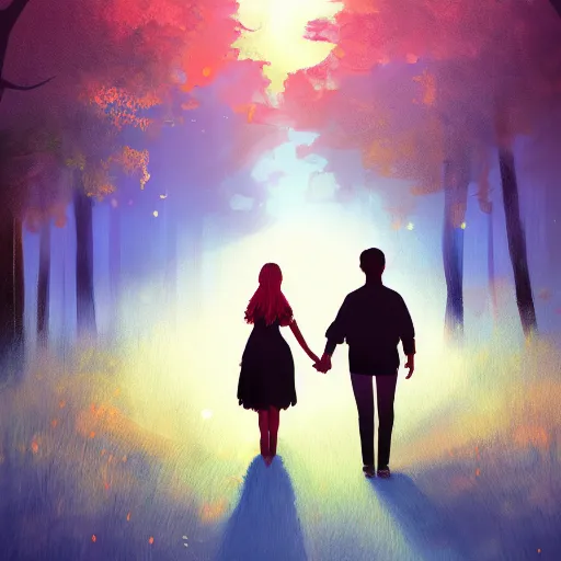 Prompt: A beautiful girl and her boyfriend walk into the sunset, holding hands, forest, digital art, artstation