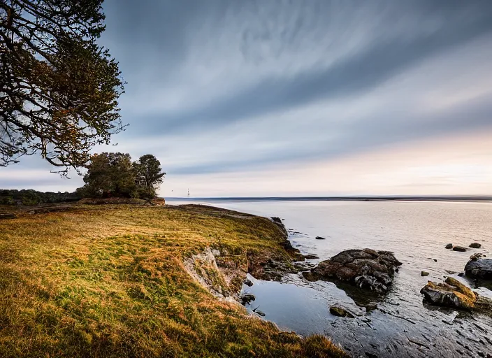 Image similar to photograph of alvaret on the swedish island of oland, morning light, landscape photography, award winning, canon, soft lighting, sony, nikon, 4 k, hd