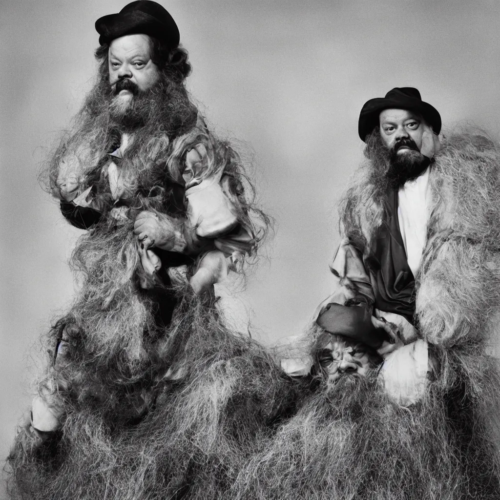 Image similar to An Alec Soth portrait photo of Orson Welles as Falstaff, he is wearing several horse-hair wigs, outdoor environmental portrait, lunar backdrop