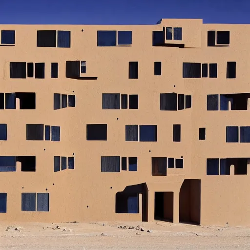 Image similar to big scale baby toy hotel in the dessert, brutalism