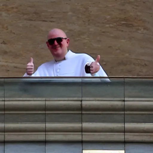 Prompt: Andrew Gilding giving a thumbs up to thousands of fans from the balcony of the Vatican