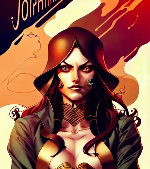 Image similar to artgerm, joshua middleton comic cover art, pretty pirate phoebe tonkin smiling, full body, symmetrical eyes, symmetrical face, long curly black hair, on a pirate ship background, warm colors