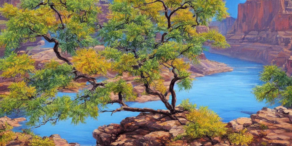 Prompt: single maple tree growing in grand canyon, stream, oil painting, highly detailed, masterpiece