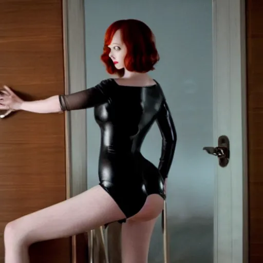 Image similar to fully clothed, amazing beautiful christina hendricks in leather body suit and high heels in bedroom, film still from the movie directed by denis villeneuve, wide lens