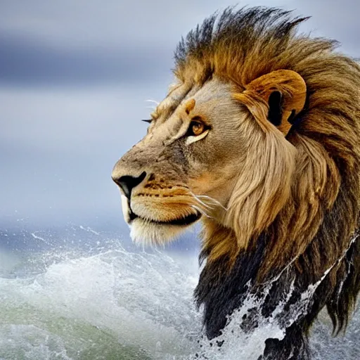 Prompt: a lion's face breaching through a wave, stormy weather
