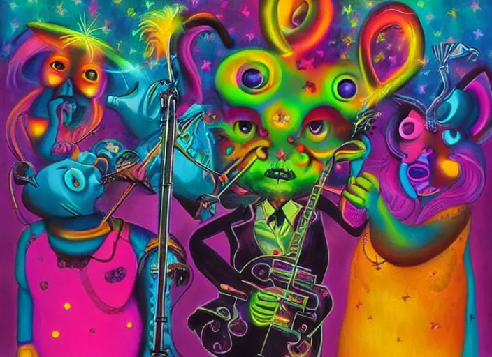 Image similar to a metal band holds a concert in the shadow dimension, an ultrafine detailed painting by lisa frank, trending on deviantart, pop surrealism, whimsical, lowbrow, colorful