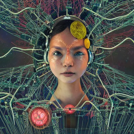 Image similar to space station on the moon, piles of modular synth cables mixed with mangrove roots, kawaii puerto rican goddess staring through your soul wearing a headpiece made of circuit boards, by cameron gray, wlop, stanley kubrick, masamune, hideki anno, jamie hewlett, unique perspective, eastman color, trending on artstation, cinematic, 3 d render, muted neon