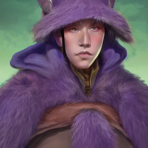 Prompt: A professional digital portrait painting of a D&D druid, painted by Hayao Miyazaki, 4k, digital art, trending on cgsociety, highly detailed, head and shoulders shot, shallow depth of field, purple and yellow lighting, professional lighting, airbrush,