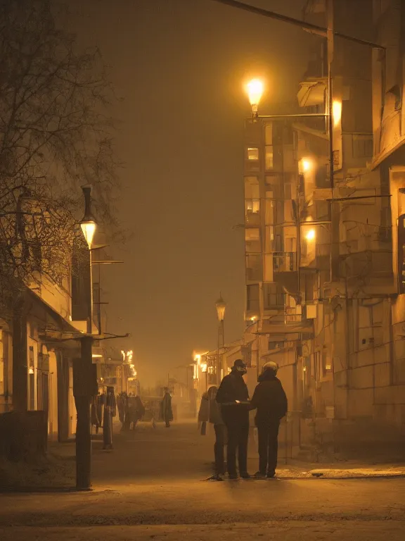 Image similar to film still of post - soviet suburbs, lights are on in the windows, deep night, post - soviet courtyard, cozy atmosphere, light fog, street lamps with orange light, several birches nearby, several elderly people stand at the entrance to the building
