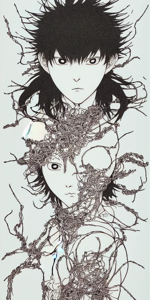 Image similar to prompt: Fragile looking figure, portrait face drawn by Takato Yamamoto and Katsuhiro Otomo, full body character drawing, inspired by Evangeleon and Akira 1988, cyborg and wire details parts, clean ink detailed line drawing, intricate detail, manga 1980, portrait centric composition