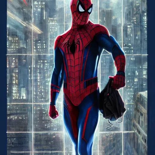 Image similar to ryan reynolds as spider - man, wearing a black and blue suit, cinematic, volumetric lighting, f 8 aperture, cinematic eastman 5 3 8 4 film, photorealistic by greg rutkowski, by stanley artgerm, by alphonse mucha