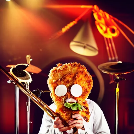 Prompt: photo of a schnitzel holding a flute and drumming with it, drum set, night club, spot light, 50mm, beautiful photo