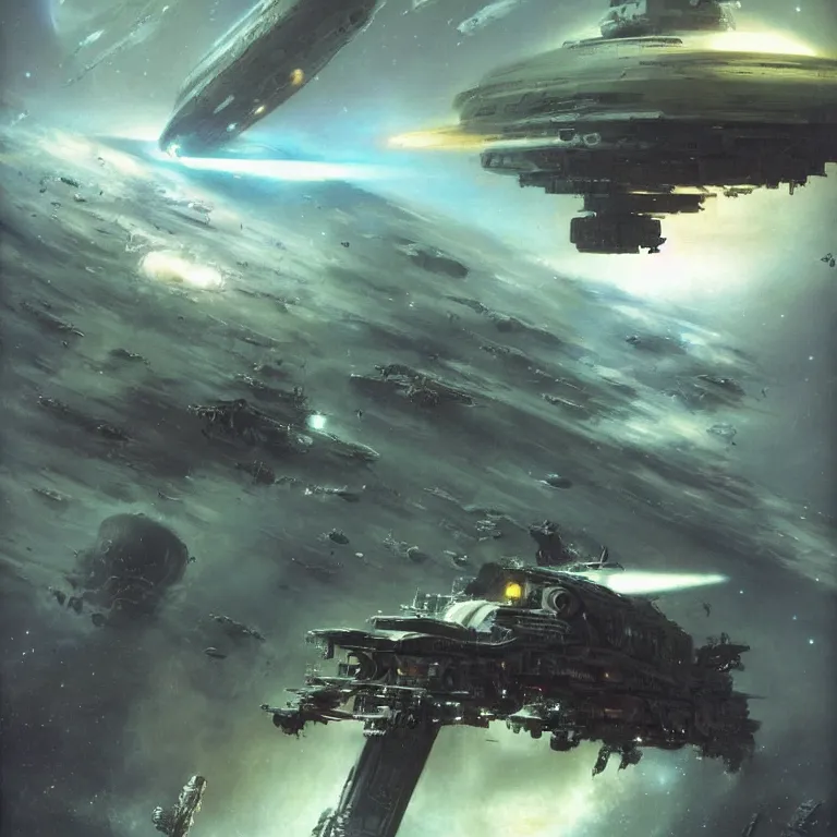 Prompt: “a long complex dreadnought spaceship battleship passing in front of Uranus, sci-of concept art, by John Harris, by John Berkey, 8k HD”