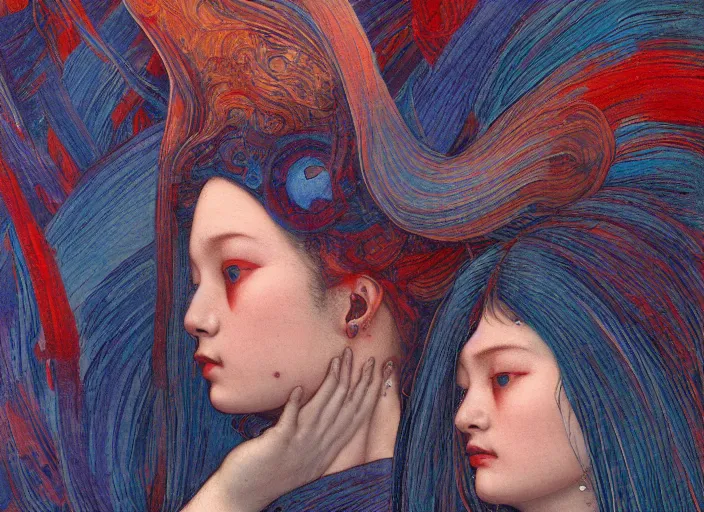 Image similar to visitors from the outer realms, muted blue and red tones, portrait face, in the style of peter ferguson, frantisek kupka, intricate, miles johnston, kuroda seiki, cynical realism, ozabu, john william godward, painterly, yoshitaka amano, moebius, miles johnston, louise zhang, james jean