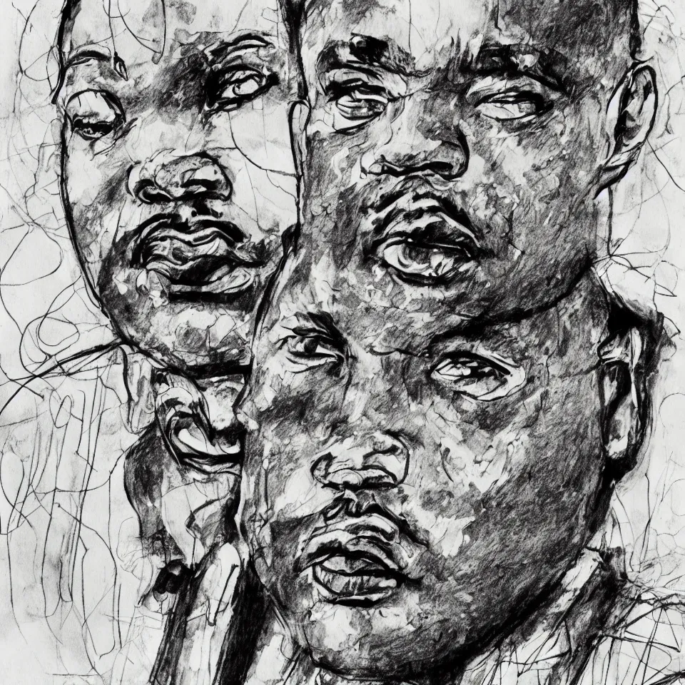 Image similar to A loose messy wild ink sketch portrait of Martin Luther King in the style of Ralph Steadman and Paul Klee, caricature, dramatic