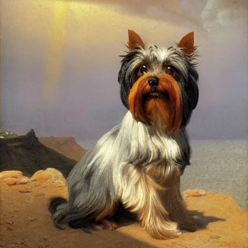 Prompt: a gray and brown Yorkshire Terrier under a rainbow in Santorini by Michael Sowa, head and shoulders portrait, golden hour, extremely detailed masterpiece, oil on canvas, by J. C. Leyendecker and Peter Paul Rubens and Edward Hopper and Michael Sowa,