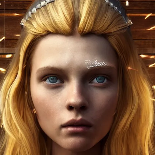 Prompt: epic cinematic shot of beautiful scandinavian princess with symmetrical face stunning eyes and long blonde standing against wooden wall surrounded full of bulletholes, weta disney pixar, hi - fructose, decadent highly - detailed digital painting, golden ratio, octane render, artstation, cinematic composition, smooth, sharp focus, artgerm, mucha, loish, wlop hdr