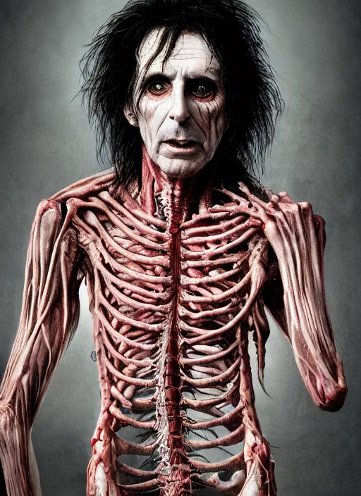 Image similar to portrait of alice cooper with translucent skin, visible muscles and veins and arteries and bones and spines and nerves, beautiful detailed intricate insanely detailed octane render, 8 k artistic photography, photorealistic, chiaroscuro, by david cronenberg, raphael, caravaggio