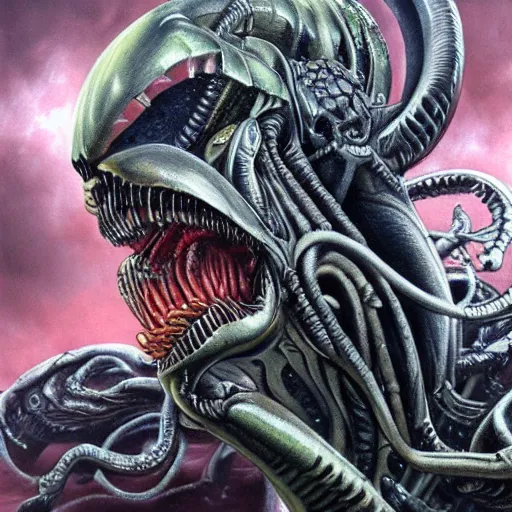Image similar to xenomorph vs Cthulhu, avp, intricate detail, exquisite skill, hr giger, airbrush painting,