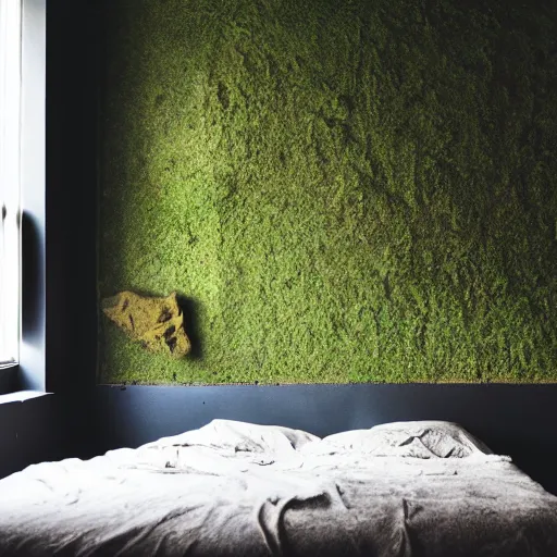 Prompt: concrete brutality bedroom interior, moss lining the walls, morning sunlight