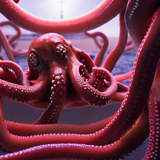 Prompt: hyperrealism simulation of parallel universe highly detailed human octopuses'wearing transperant jackets floating in new - york in surreal scene from art house movie from future by caravaggio rendered blender and octane render