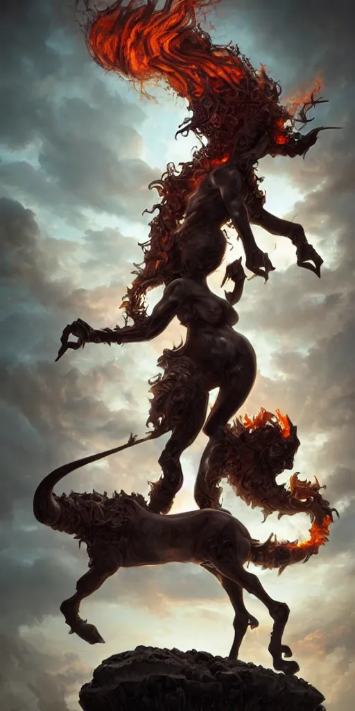 Image similar to partial ecorche female centaur demon with scoliosis and curved horns and fiery eyes on a pedestal, upshot, dramatic cinematography, volumetric lighting, dark curly hair, by peter mohrbacher, smoke, slime, dark