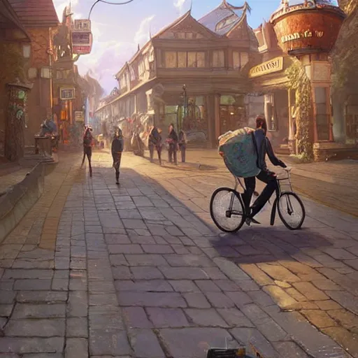 Image similar to man with receding hairline biking through beverley town centre, intricate, elegant, highly detailed, digital painting, artstation, concept art, matte, illustration, hearthstone, art by artgerm and greg rutkowski and alphonse mucha, simon stalenhag, hyperreal