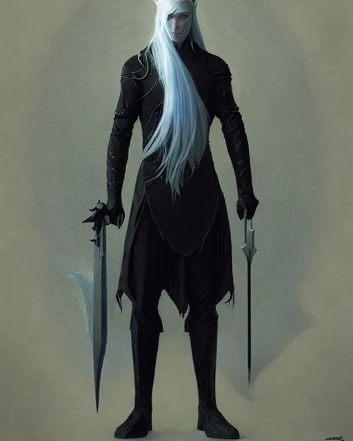 Image similar to character portrait of a slender young half white haired elven man with and piercing blue eyes and pale bluish skin, wearing sleek pearlescent black armor, by greg rutkowski and mark brookes and jim burns and tom bagshaw and magali villeneuve, trending on artstation