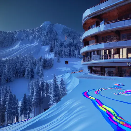 Prompt: : hyperbolic psychedelic ski resort, luxury, modern architectural plans hyper - realistic, detailed, render by c 4 d octane, unreal engine, 8 k 3 d render ray traceing