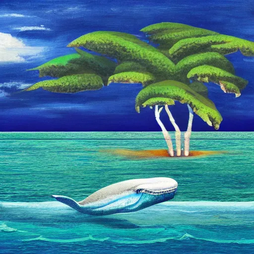 Prompt: an island with a monster minimal alone melancholic blue red green colored surroundings floating in blue ocean with a whale outside oil canvas texture painting stylish high detailed image 4k