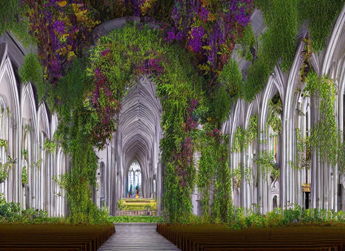 Image similar to An ultra-detailed illustration of a cathedral interior, high ceiling, overgrown with moss, colorful flowers and lush plants, vines hanging down from the tall ceiling, digital art, trending on Artstation, matte painting, detailed