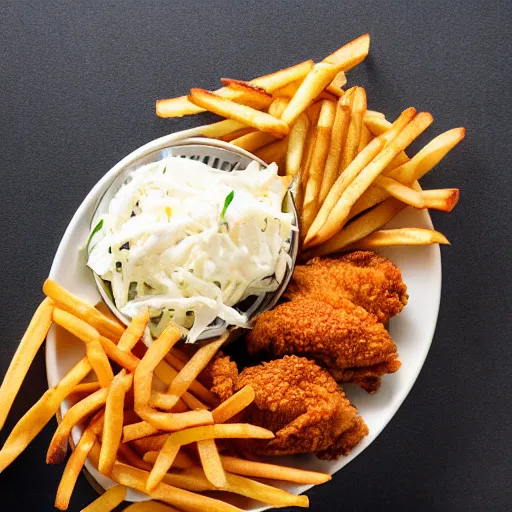 Image similar to professional photo of a plate with fried chicken, fries and coleslaw, 4k, studio photo, f/1.4