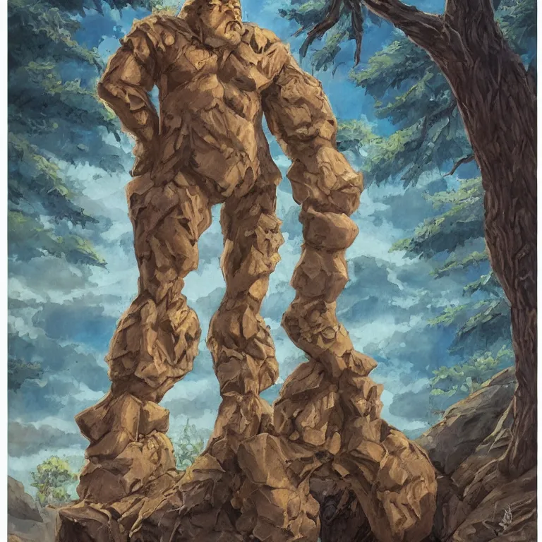 Prompt: a beautiful portrait painting in the style of larry elmore of a stone golem standing center frame at summer camp