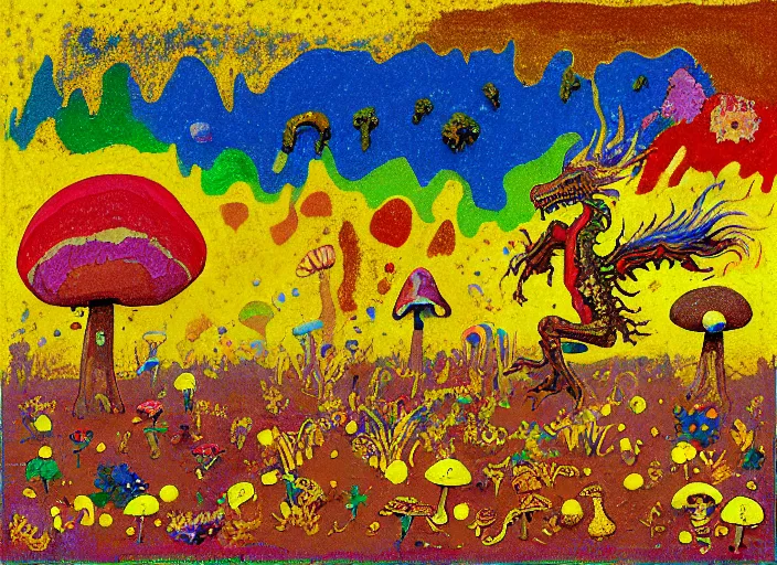 Prompt: pixel decollage painting golden armor alien zombie horseman riding on a crystal bone dragon broken rainbow diamond maggot horse in a blossoming meadow full of colorful mushrooms and golden foil toad blobs in a golden sunset, distant forest horizon, painted by Mark Rothko, Helen Frankenthaler, Danny Fox and Hilma af Klint, pixelated, neo expressionism, semi naive, pastel colors, cinematic, color field painting, cave painting, voxel, pop art look, outsider art, minimalistic. Bill Traylor painting, part by Philip Guston, Amano and Francis Bacon. art by Adrian Ghenie, very coherent symmetrical artwork, cinematic, hyper realism, high detail, octane render, unreal engine, Smooth gradients, depth of field, full body character drawing, extremely detailed, 8k, extreme detail, intricate detail, masterpiece