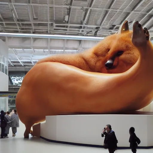 Image similar to rotund obese fox, glossy resin statue, Ron Mueck masterpiece in exhibition, wide angle shot