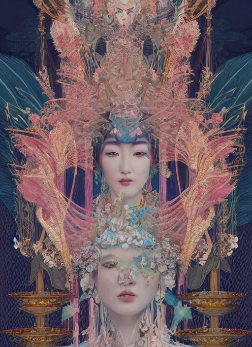 Image similar to portrait full three kingdom breathtaking detailed concept art painting art deco pattern of birds goddesses amalmation flowers head thibetan temple, by hsiao ron cheng, tetsuya ichida, bizarre compositions, exquisite detail, extremely moody lighting, 8 k, art nouveau, old chines painting, art nouveau