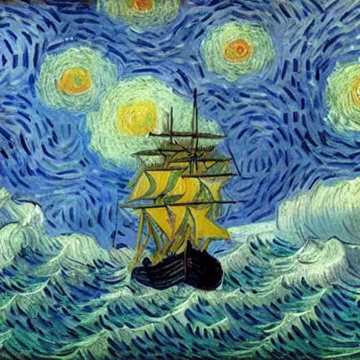 Prompt: a ship going through a storm, Van Gogh style