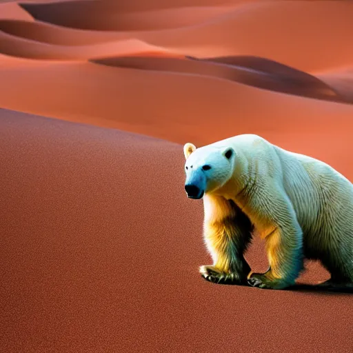 Image similar to multicolor photo of polar bear sits in the sahara desert by steve mccurry created at modern world in 4 k ultra high resolution and with medium shot, with funny feeling