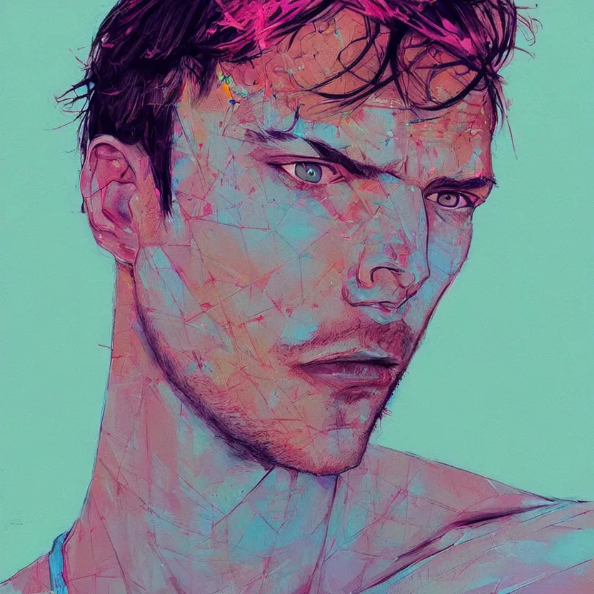 Image similar to close up portrait painting of a male in nineties street styling, concept art, intricate details, aesthetically pleasing pastel colors, art by conrad roset, impressionism, portrait